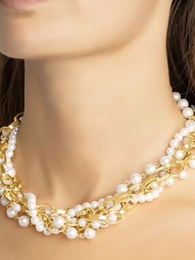 Martha Stewart Twisted Five-Strand Gold and White Pearl Statement Necklace, NWT